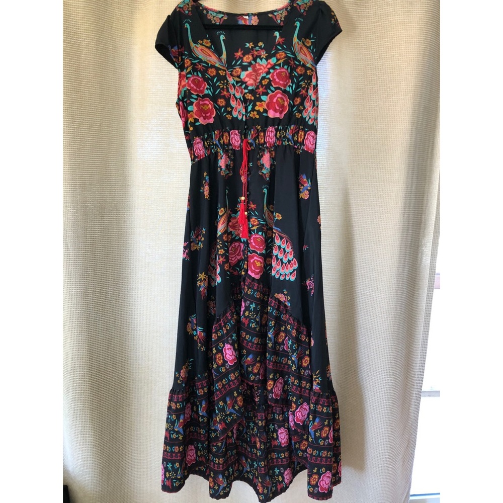 Vibrant Print high-low cap sleeved dress